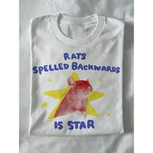 Rats Spelled Backwards Is Star Funny Graphic Tee Women Cute Rat Star Print Short Sleeve Crewneck Oversized Casual Streetwear Soft Cotton Top