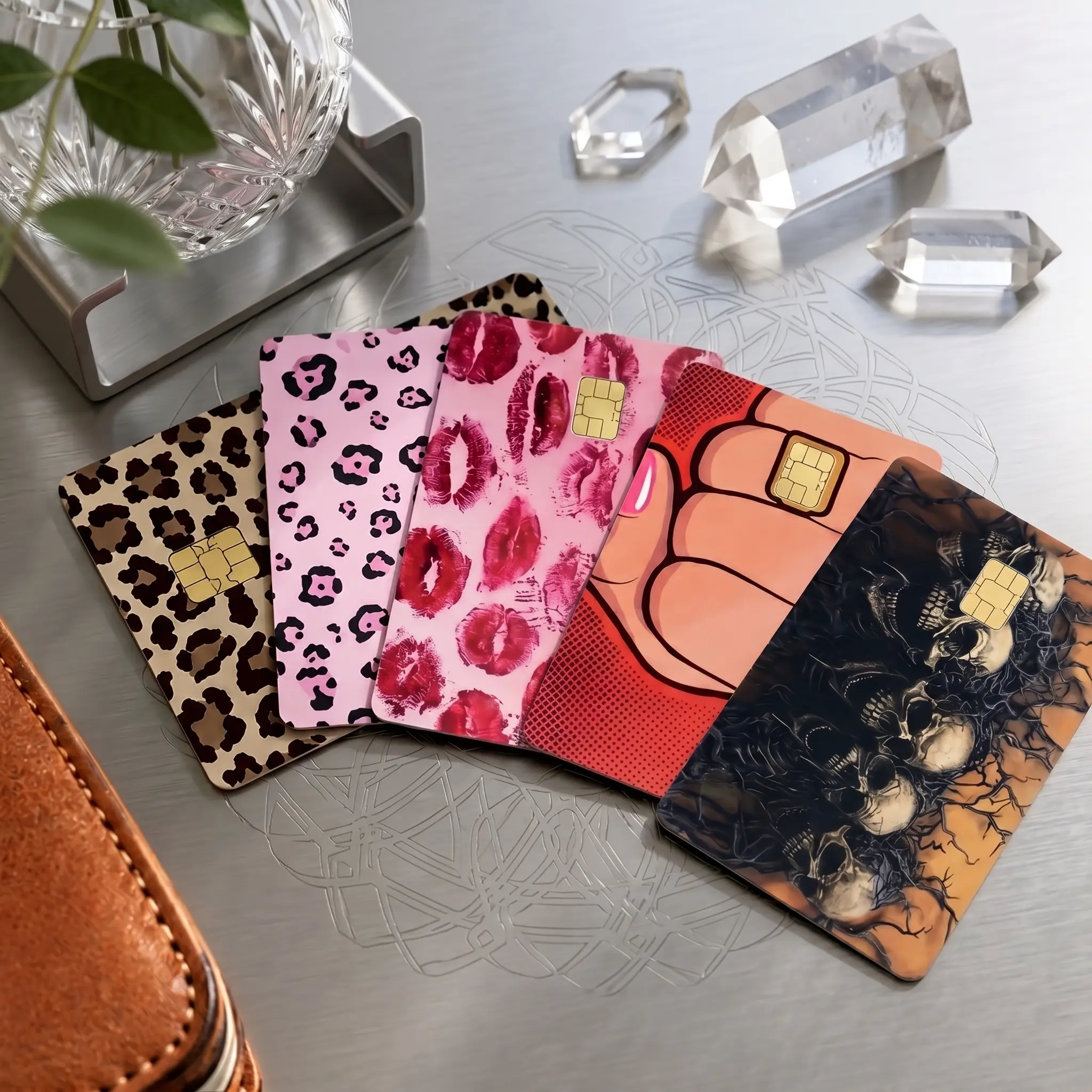 5 Pack Stylish Credit Card Skins - Pink Leopard, Pop Art, Retro Lip Kiss & Gothic Skull Debit Card Cover Decals, Thin Water-Resistant Pre-Cut Sticker Set for Women Men, DIY Gift