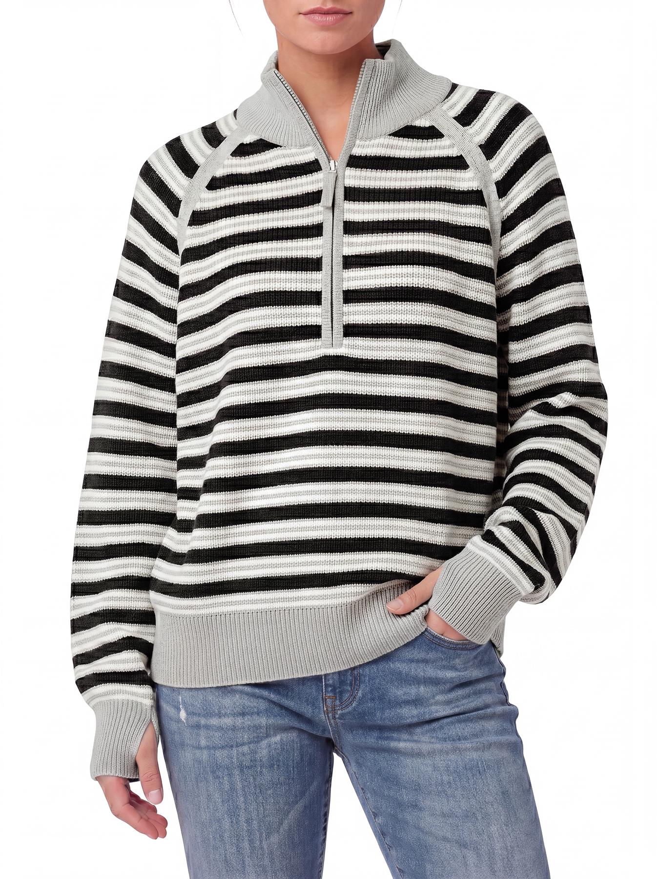 Wodubu Women's Knitwear Sweaters - Half-Zip Striped Ribbed Knit Tops, Long Sleeves, Casual Oversized Fit, Style Options: Mock Neck, V-Neck, 2026 Fall Winter Clothes