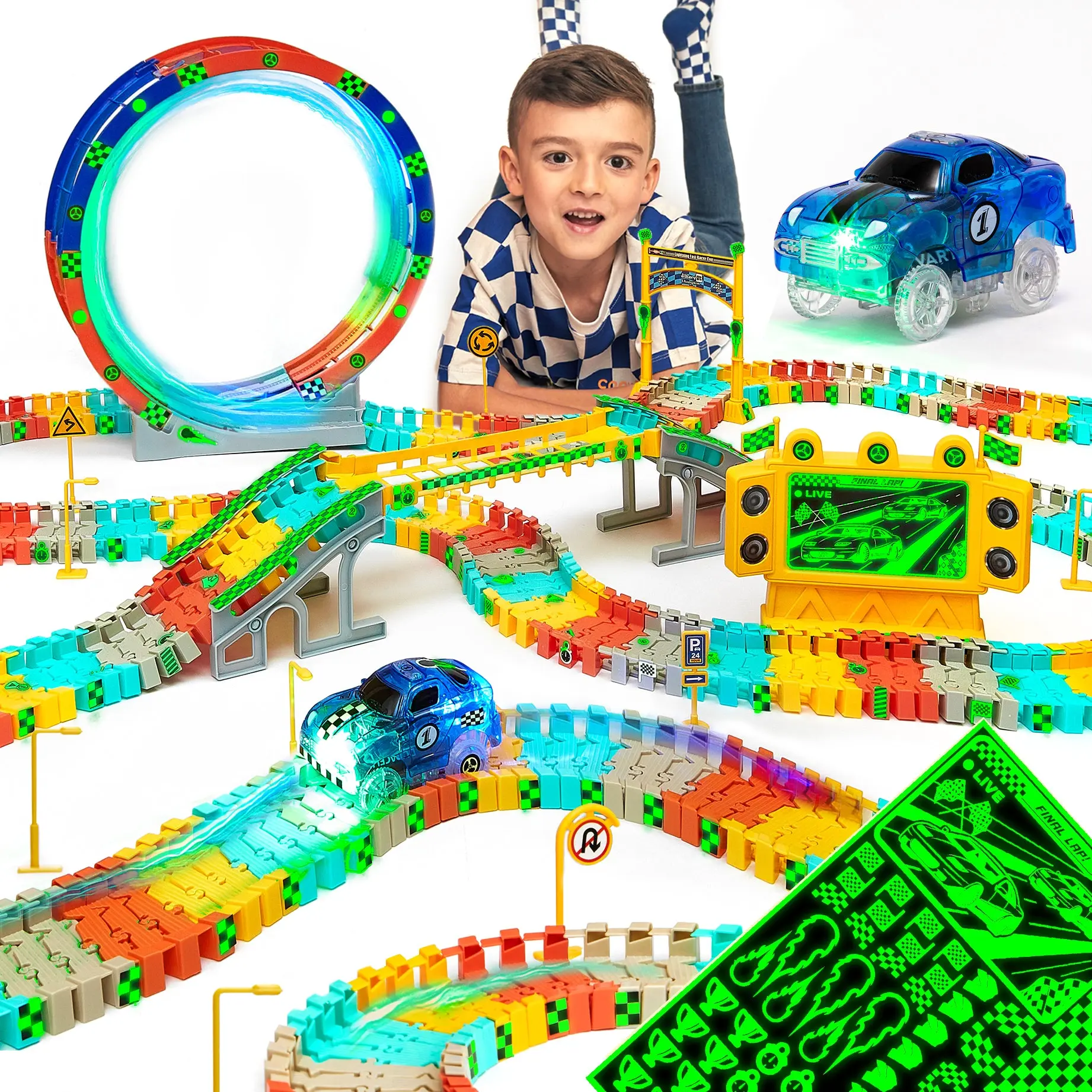 JitteryGit Flashtrack Glow-in-the-Dark Race Car Track Toyset with LED Race Car, Giant Stunt Loop, Bridge, Traffic Signs - Flexible Kids Racetrack Toy for Ages 3+