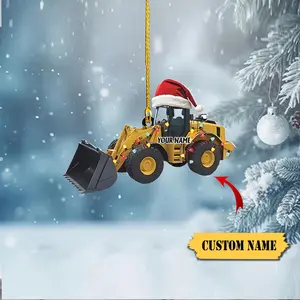 Personalized Xmas Excavator Construction Ornament, 2D Acrylic Flat Ornament, Ornaments For Kids, Ornament Backhoe