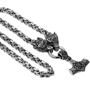 OIDEA Men's Stainless Steel Viking Necklace - 24-Inch Byzantine Chain, Wolf Head Thors Hammer Mjolnir Pendant, Gothic, Historical-Inspired, Rust-Resistant, Statement Amulet Necklaces, Norse Pagan Gift, Gothic Necklaces