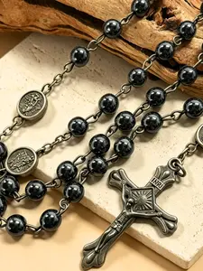 High-Quality Obsidian Beaded Pendant Necklace, Shield Angel Cross Decoration, Elegant Jewelry for Women