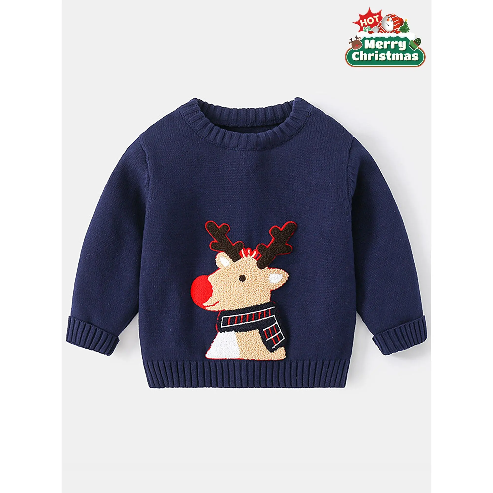 Boys' Christmas Sweater - Navy Blue Holiday Sweater with Santa'S Reindeer, Soft Knit Long Sleeve Top for Christmas Party Outfit, Toddler & Kids Winter Clothing (Easy-Care Parent-Favorite), Kids Holiday Apparel, Festive Kids Design, Durable Kids Wear, Seas
