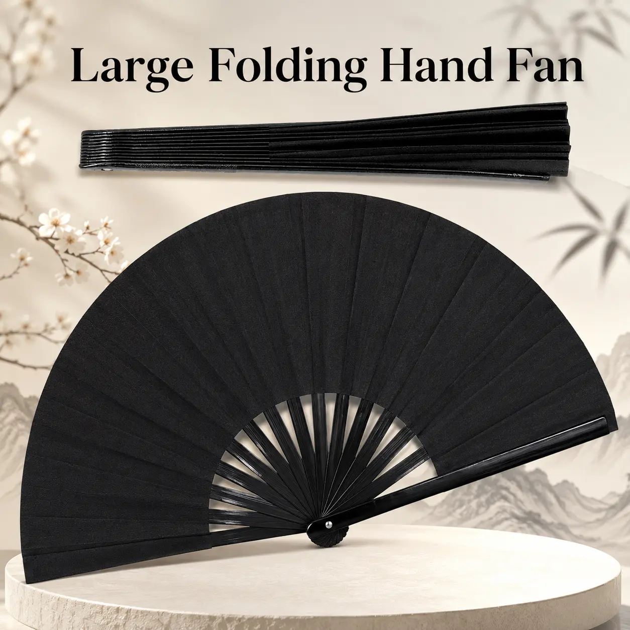 13" Large Folding Hand Fan – Chinese Style Pop-Up Fan for Dance, Weddings & Outdoor Events (Elegant Black)