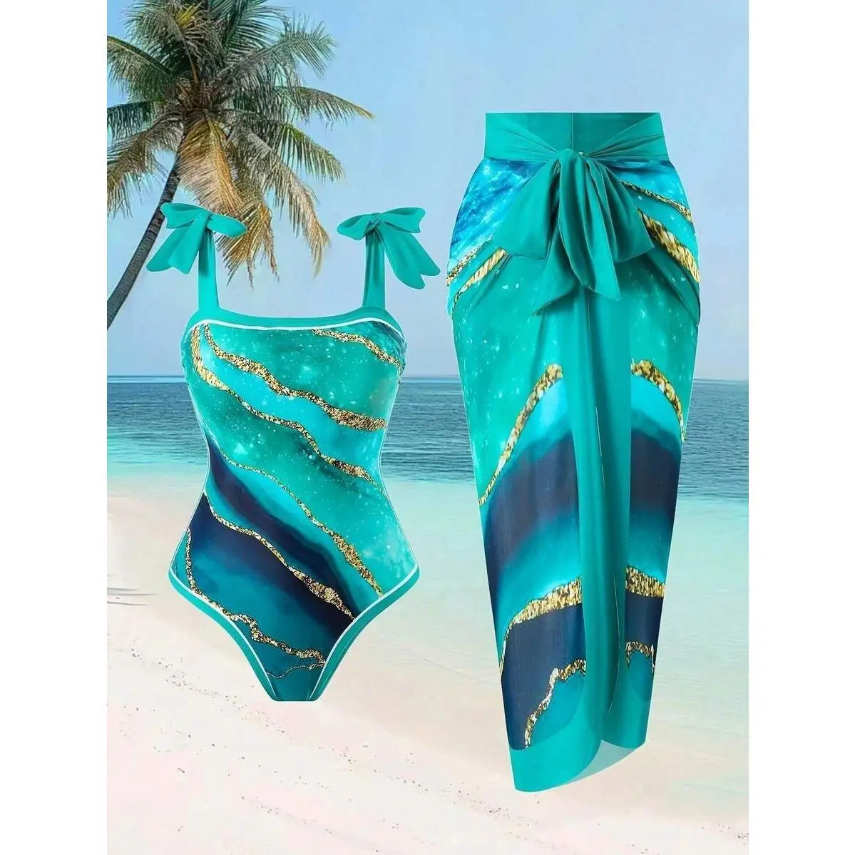 Teal Marble Print Bow Strap One Piece Swimsuit With Matching Sarong Cover Up