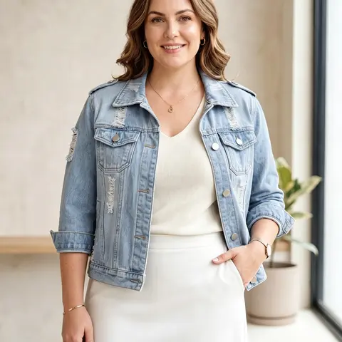 Aswulk Plus Size Women's 3/4 Sleeve Strech Distress Slim Crop Denim Jean Trucker Jacket
