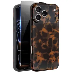Cute Phone Case for iPhone 17 Pro Case, [with 1X Privacy Screen Protector] Tortoise Shell Pattern Leopard Full Camera Protective Slim Shockproof Cool Trendy Aesthetic
