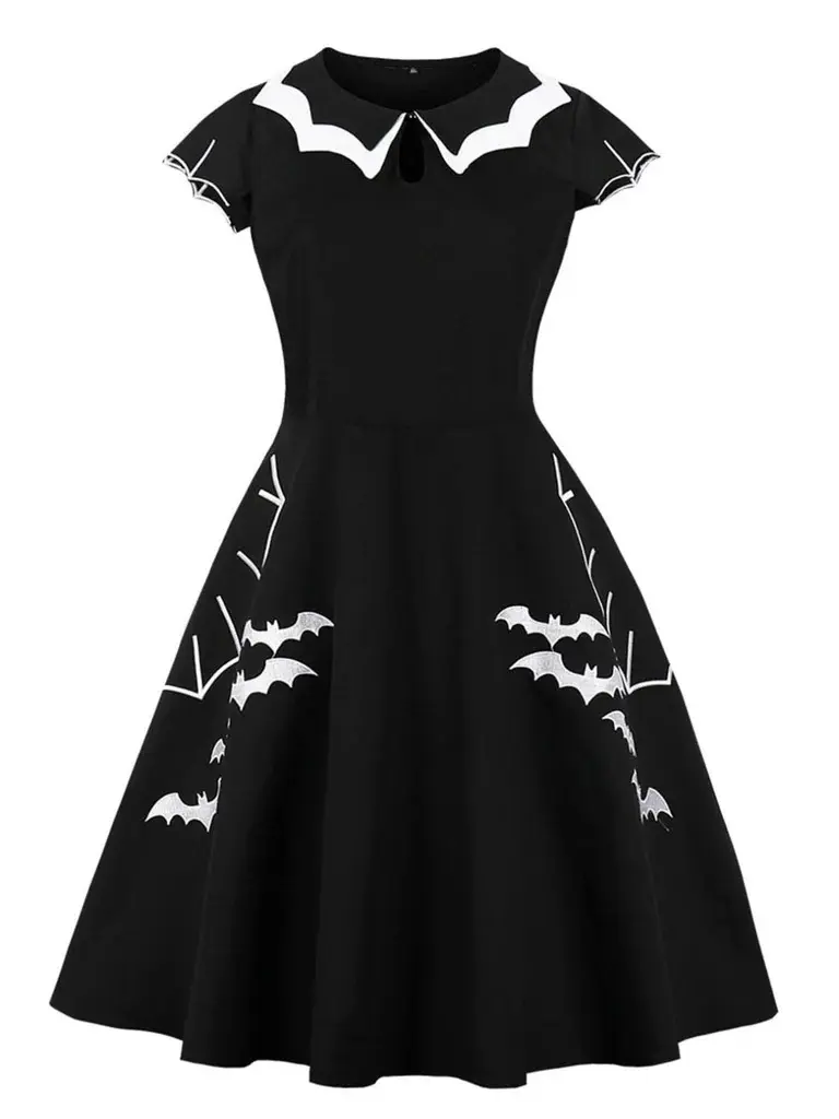 RETRO STAGE Women's 1950s Halloween Embroidered Bat Collar Casual Dress - Cap Sleeve, Short Sleeve, Summer Wear, Halloween Outfit, Shortsleeve, Casual Wear, Halloween-Themed Casual Dressessummer dresses vacation outfits