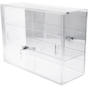 Plymor Clear Acrylic Locking Display Case with Sliding Back, 2 Shelves (Mirrored), 16" H x 22" W x 8.5" D