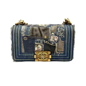 Pre-owned CHANEL Denim Crossbody Bags Small LeBoy Blue Patchwork Flap Bag With Aged Gold Buckle(21***05) CC1669