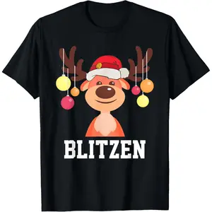Funny Santa Reindeer Blitzen Christmas Group Costume T-Shirt, 100% Cotton, Single Side Printed, Black Short Sleeve T-shirt, 1 pc, Christmas Halloween Thanksgiving Gift