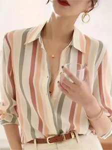 Women's Elegant Striped Loose-Fit Long Sleeve Shirt with Buttons, Casual Office Wear for All Seasons, Ladies Fashion Top