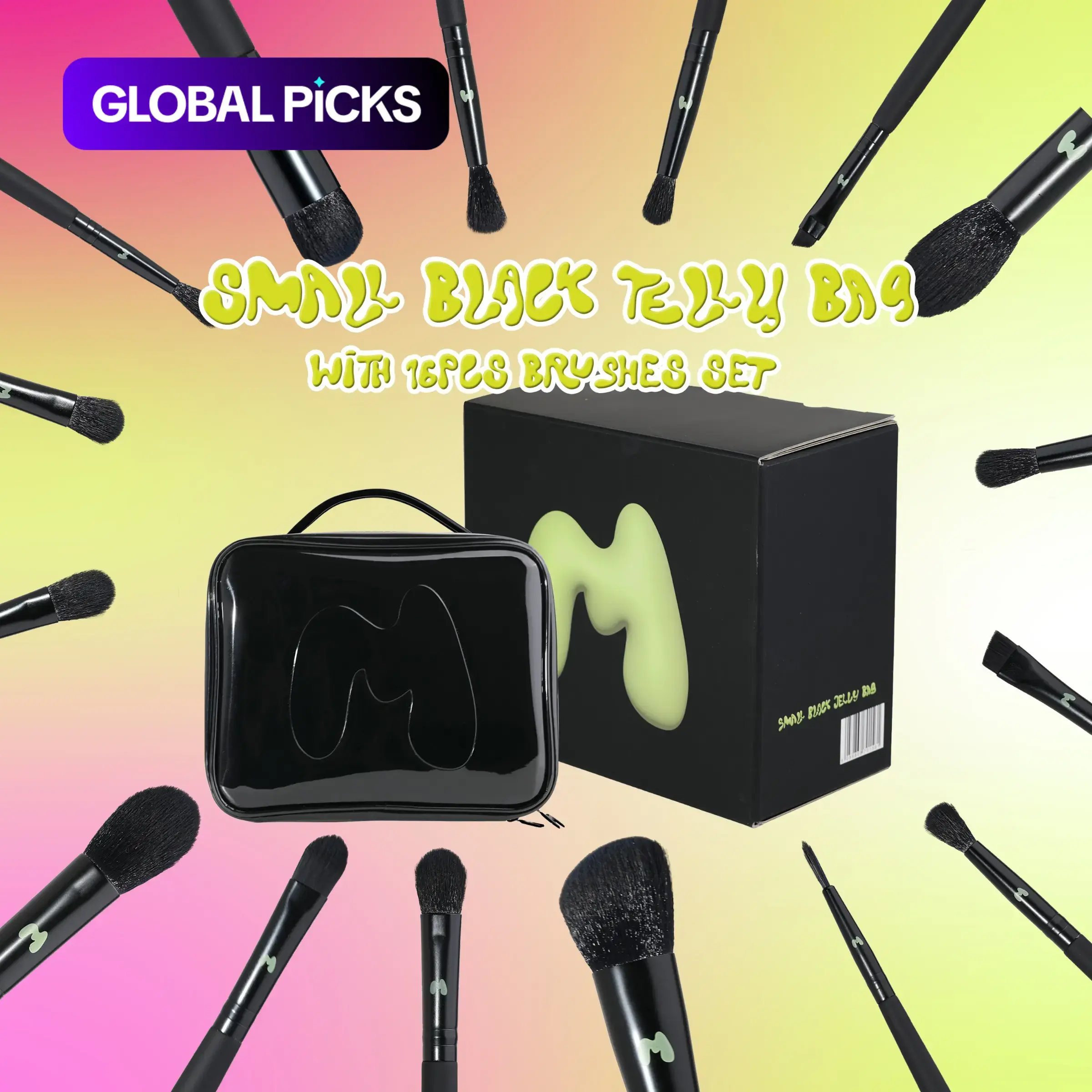 [Made by Mitchell] Small Black Jelly Makeup Bag with 16-Piece Makeup Brush Set – Travel-Friendly Portable All-in-One Cosmetic Brush Kit #GLOBAL PICKS