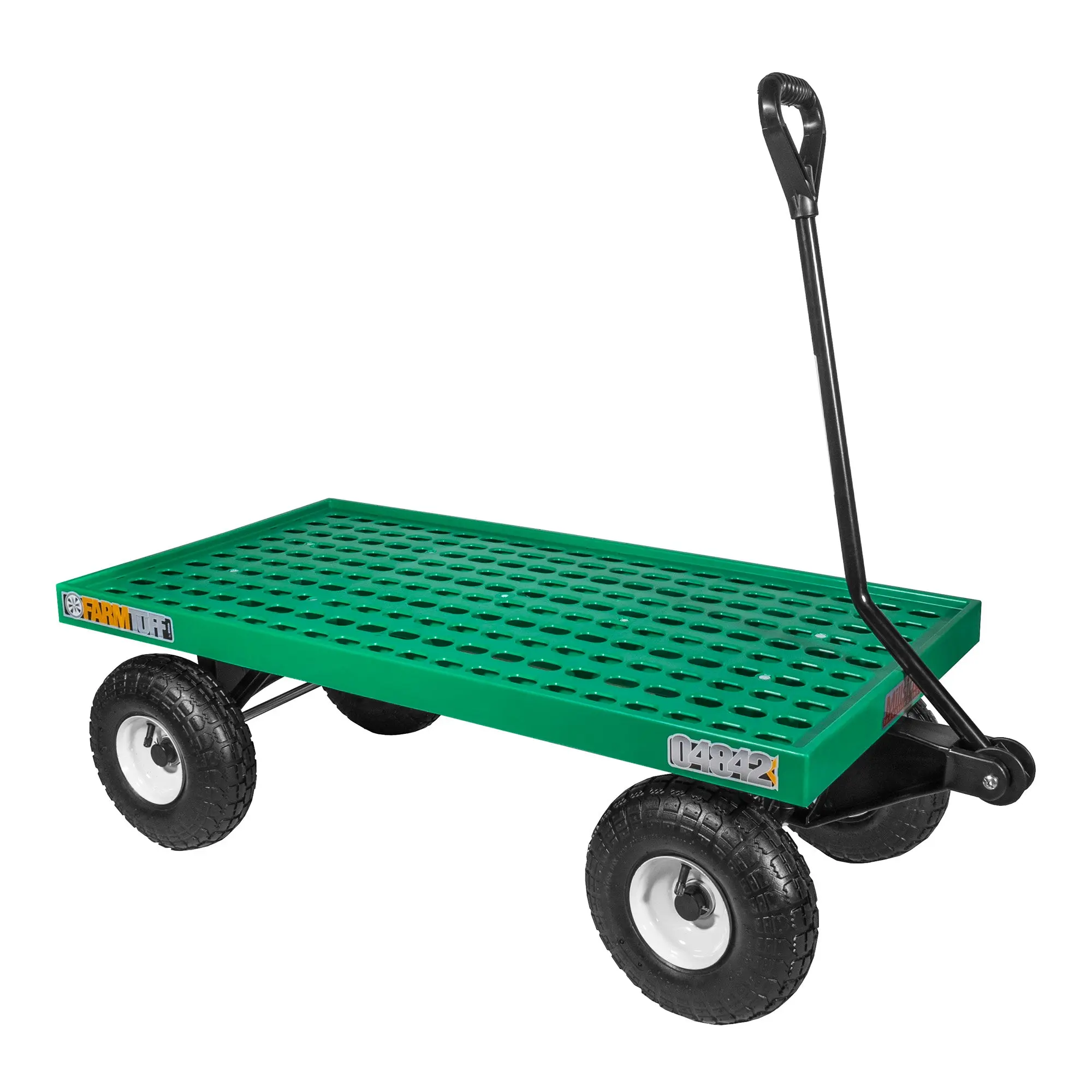 FARM-TUFF Durable Plastic Mesh Deck Garden Wagon Utility Cart with Pneumatic Tires for Outdoor Hauling, Green, 20" x 40"