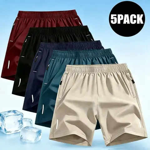 Multi-pack summer lightweight ice silk men’s shorts with zippered pockets; ice silk beach shorts with cooling feel and quick-dry performance; thin basketball shorts for sports and casual wear; regular fit with drawstring waist design; breathable athletic