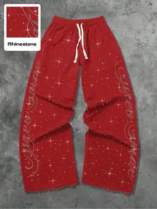Men's Street Style Straight Leg Sweatpants, Casual Streetwear Trousers, Design Sense American Fashion Rhinestone Embroidery, Unisex Casual Comfy Pants for Daily Wear, Casual Summer Bottoms