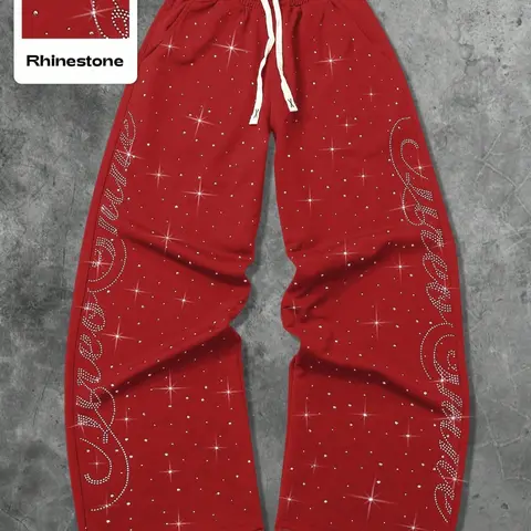 Men's Street Style Straight Leg Sweatpants, High Street Casual, Casual Streetwear Trousers, Design Sense American Fashion Rhinestone Embroidery, Unisex Casual Comfy All Purpose Pants for Daily Wear, Chic Comfy Pants, Casual Summer Bottoms