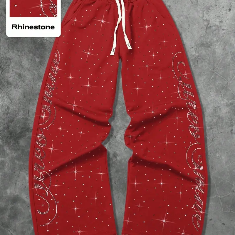 Men's Street Style Straight Leg Sweatpants, High Street Casual, Casual Streetwear Trousers, Design Sense American Fashion Rhinestone Embroidery, Unisex Casual Comfy All Purpose Pants for Daily Wear, Chic Comfy Pants, Casual Summer Bottoms