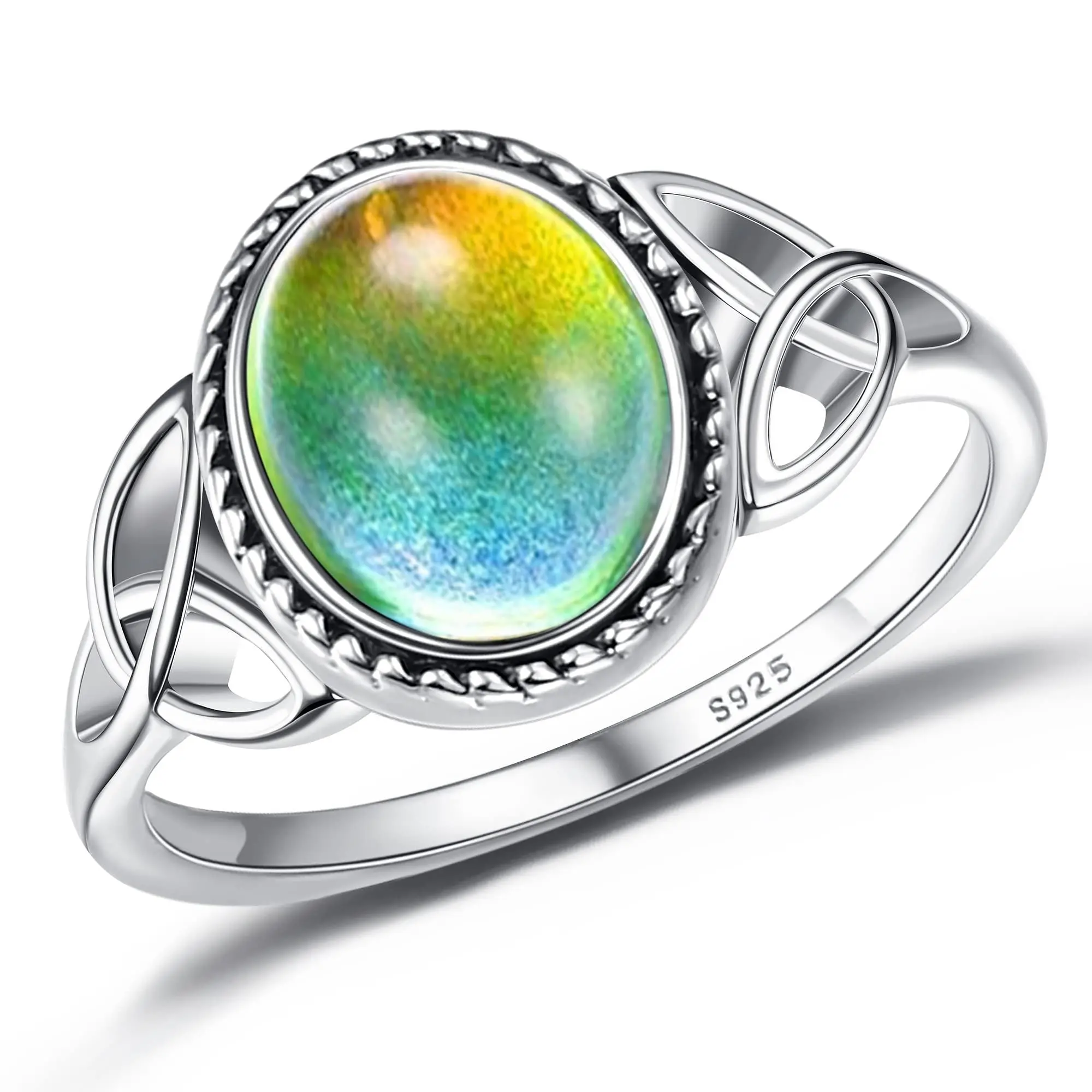 MILACOLATO  925 Sterling Silver Mood Ring for Women Vintage Celtic Knot Rings Jewelry 18K plated White Gold Oval Solitaire Mood Ring Temperature Control Color Change Mood Ring, Size