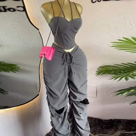 PULKRITU Street Style Women's Two-Piece Set, Cropped Spaghetti Strap Waist Cinching Corset Crop Top & cutout hip stacked Ruched Straight Long Pants sets, Perfect Holiday Vacation Education 2 Pieces Sets Outfits, Trendy Fashionable Clothings, Womenswear