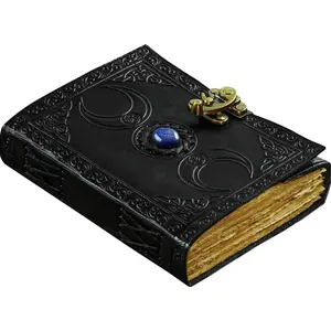 Vintage Leather Journal with Semi Precious Stone Black Triple Moon Design 200 pages Antique Deckle Edge Paper - Book of Shadows, Grimoire Journal, for Men and Women -(7x5) inches