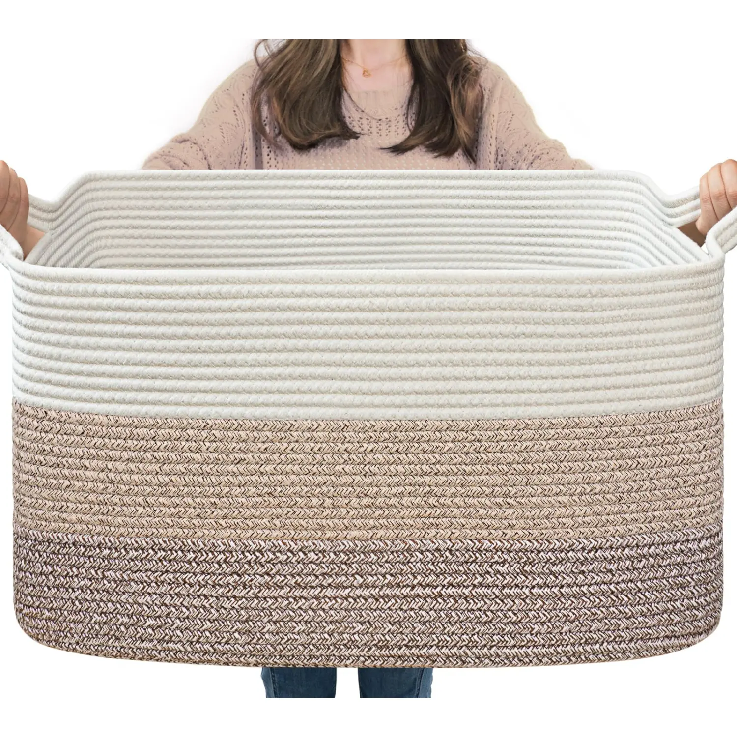 Woven Cotton Rope Storage Basket - Collapsible Rectangle Laundry Organizer for Living Room Clothes, Room Organization Product, Woven Storage Basket
