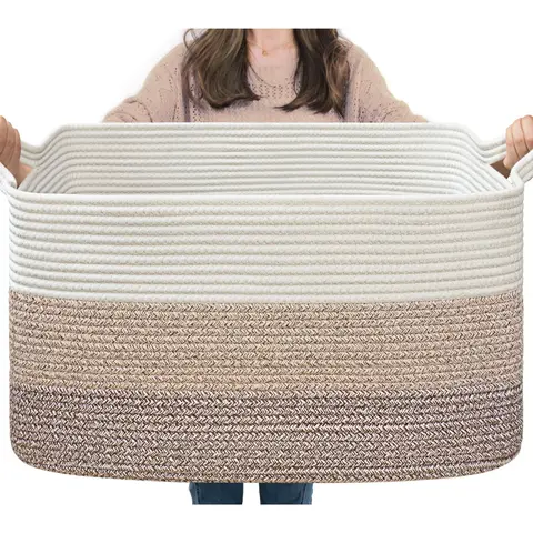 Woven Cotton Rope Storage Basket - Collapsible Rectangle Laundry Organizer for Living Room Clothes, Room Organization Product, Woven Storage Basket