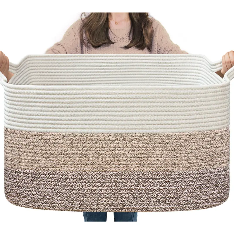 Woven Cotton Rope Storage Basket - Collapsible Rectangle Laundry Organizer for Living Room Clothes, Room Organization Product, Woven Storage Basket