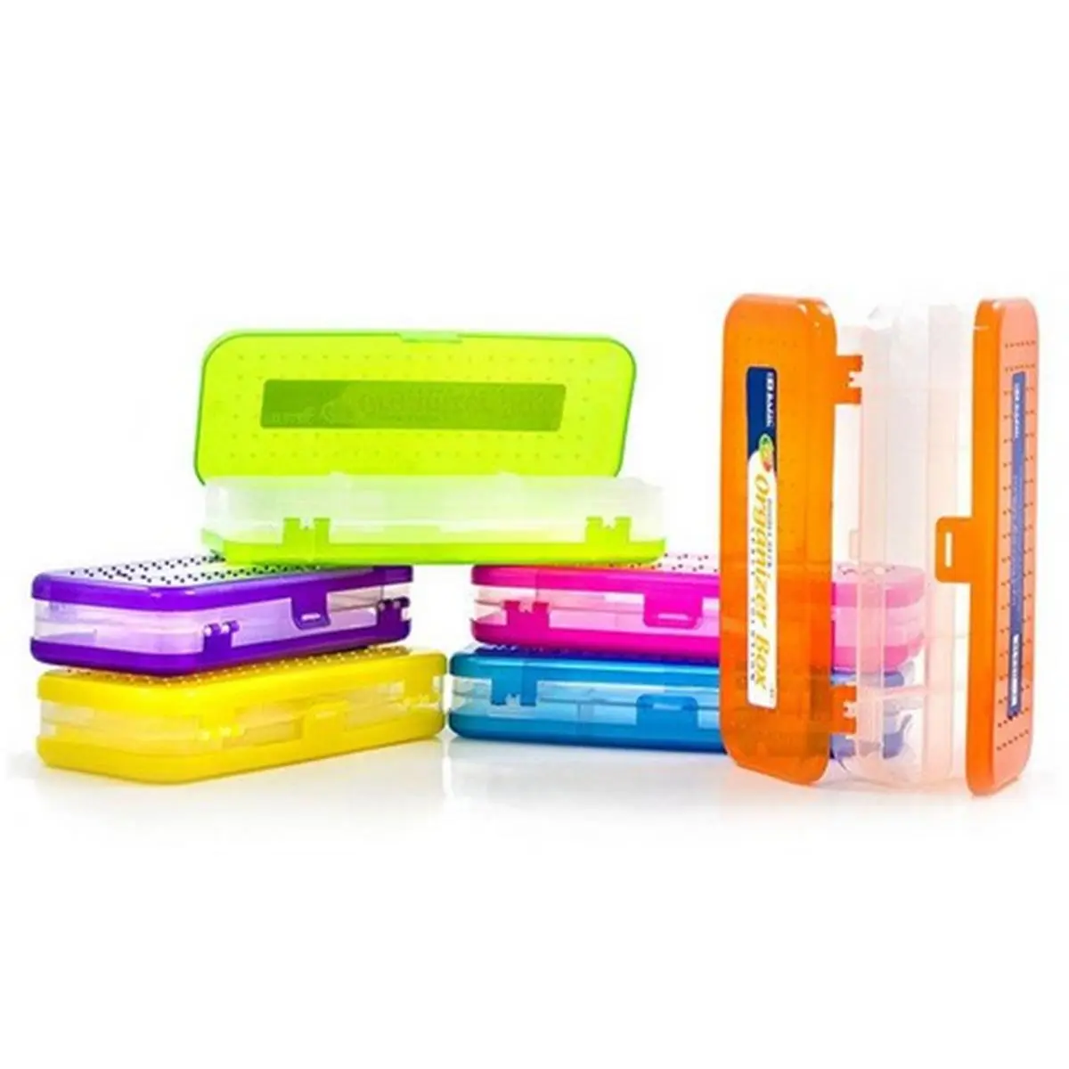 212 MAIN 8 in Double-Deck Rectangular Compartmentalized Desk Organizer Box - Colorful Design, Latch Closure, 7 Compartments, Stationery Holder for Office/Craft Supplies (Pack of 24)