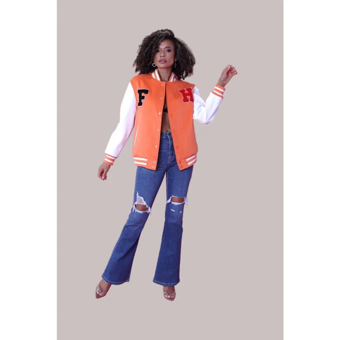 TALLY TAYLOR Orange Varsity Jacket -82153 Fitted Long Sleeve Casual Summer Top with White Sleeves Embroidered Patches & "For Her" Globe Design