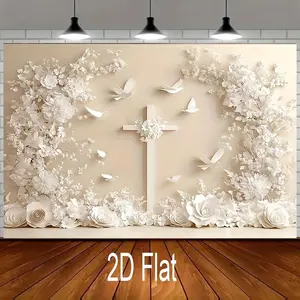 1pc 2D Flat Elegant Cross and Dove Themed Backdrop with Vintage Brick Wall Design, White Floral and Bird Motifs - Polyester, No Power Needed - Ideal for Baptism, First Communion, Bachelor Party