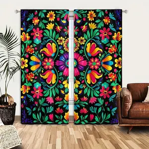 2pcs Window Curtains, Heavy Curtain, Mexican folk art floral pattern, flowers and leaves in symmetrical design pop against dark background, festive intricate motif, Drapes for Bedroom Living Room, Rod Pocket