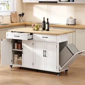 【SPRING GLOW UP】ONBRILL 55'' Kitchen Island with Storage and Solid Rubberwood Top, Kitchen Storage Island on Wheels with 2 Drawers, Rolling Island Table with Adjustable Shelves for Dining Room& Kitchen
