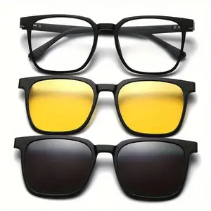 One Glass, Three Uses! Three-Magnet Magnetic Eyeglasses Square Frame Night Vision Driving Glasses/ Fashion Glasses for Men and Women Day and Night Use