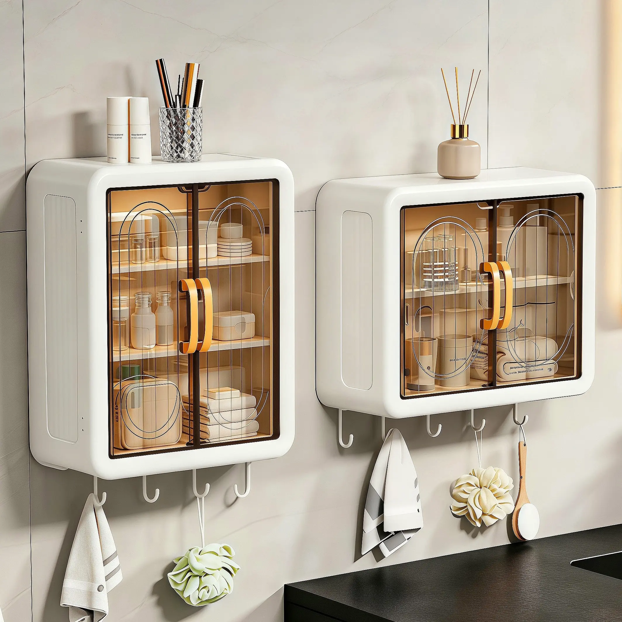 No Drill Wall Mount Bathroom Storage Cabinet, Foldable Hanging Organizer With DoubleDoors, Adjustable Shelves And Hooks, Space Saving Toiletry Storage Cabinet For Bathroom,Dormitory, Kitchen