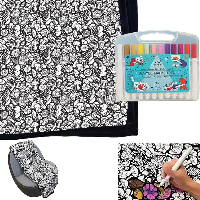 Coloring Blanket – Color-Your-Own Throw Blanket with Fabric Markers & Travel Tote (Multiple Design),DIY Coloring Blanket Plush Fleece Family Gathering Craft Blanket Permanent Marker Coloring Blanket Home,Summervibes