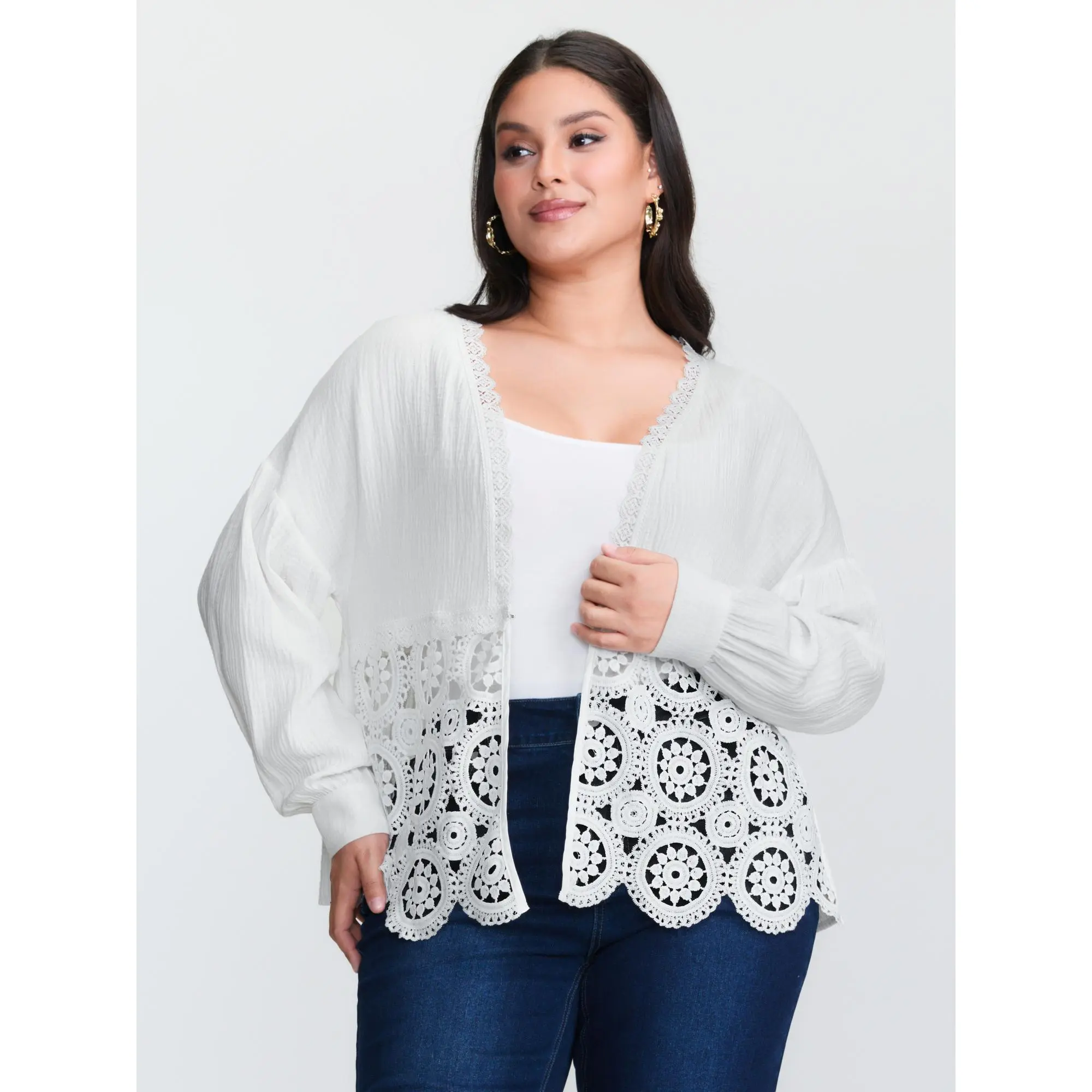 Women's Plus Size Sheer Cover Up, Romantic Boho Kimono with Textured Patchwork, Woven Ribbon and Lace Trim, Cut-Out Details