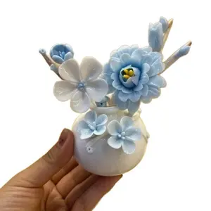 Cute Hand-Pinched Floral Ceramic Vase Set, Handmade Home Decor for Tea Table & Living Room