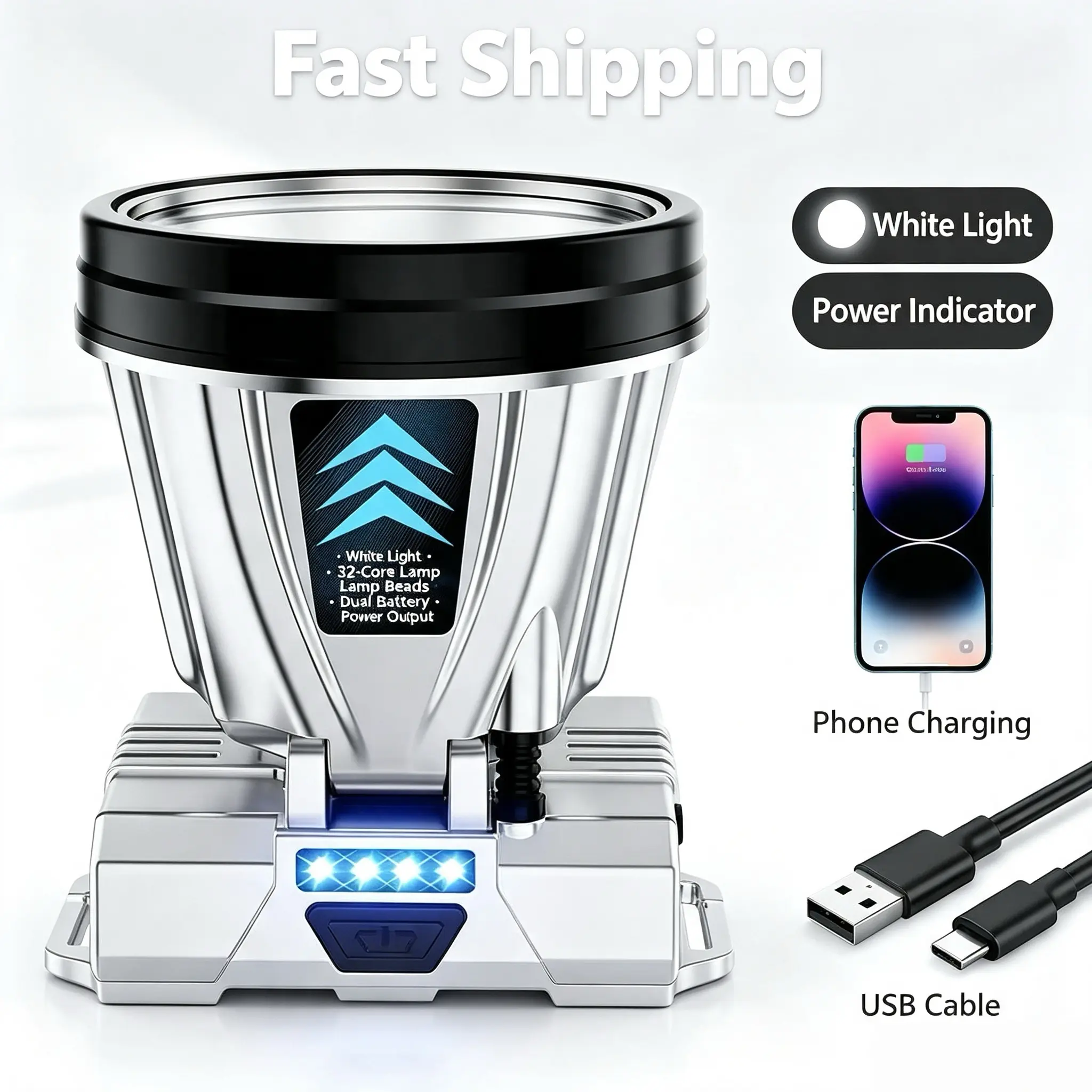 Rechargeable LED Headlamp with Phone Charging Output, IPX4 Splash Resistant Head Flashlight, Power Indicator Outdoor Head Light for Fishing, Camping & Night Maintenance