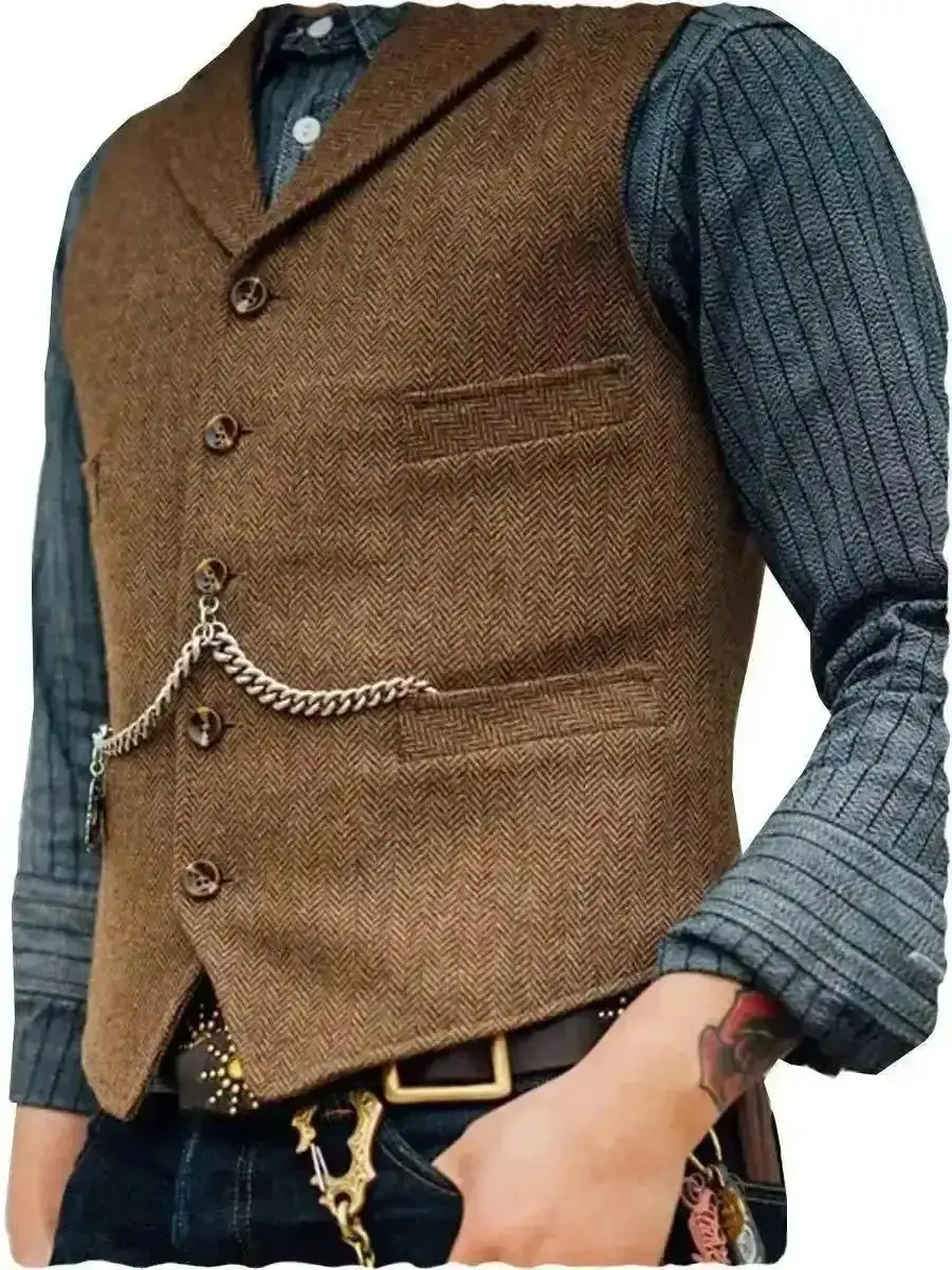 Men's Classic Cowboy Single Breasted Tweed Herringbone -Neck Suit Vest Wool-Polyester Blend Steampunk Fashion Ideal for Vintage, Modern, Casual and Sharp, Stylish, Business, Versatile