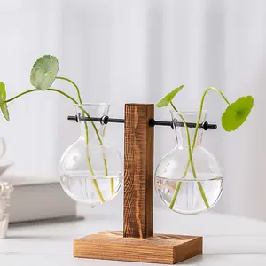 Simple Wooden Stand Hydroponic Glass Vase, Transparent Glass Home Decor Flower Vase, Home Decorative Vase, Suitable for Pothos, Pineapple Plants and Flowers