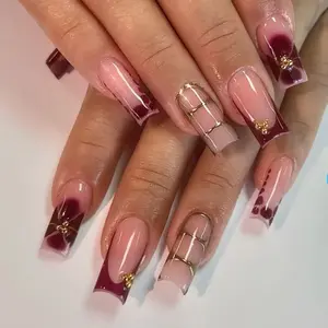 24pcs French Press Nails, Medium Coffin Shape, Beads & Flower Design, Reusable Detachable False Nails, Party Wedding Daily Use
