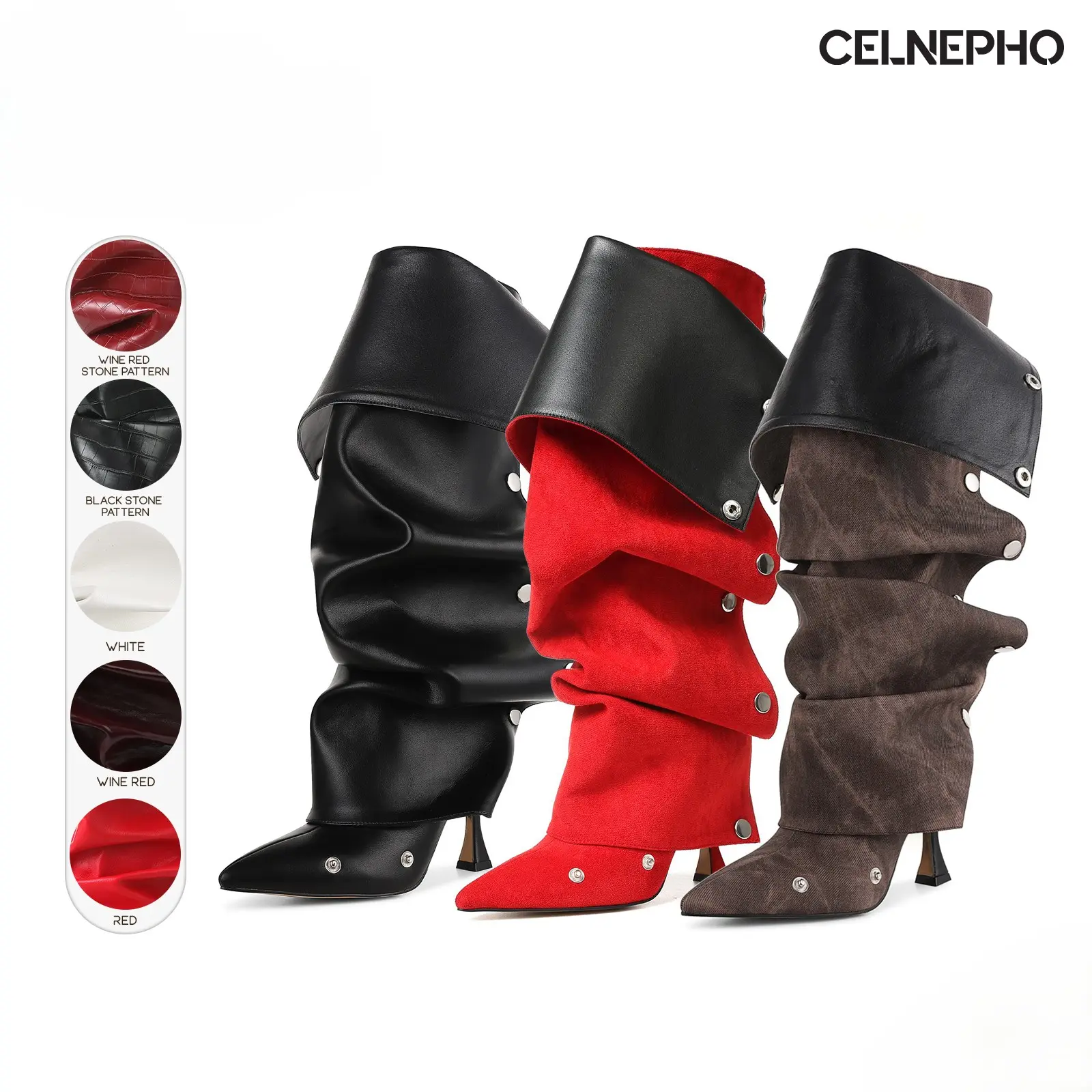 CELNEPHO Womens Knee High Boots Pointed Toe Stiletto High Heel Zipper Ruched Shark Boot Silver Buttons Detachable Snap-off Wide Calf Easy Pull on Fashion Slouchy Fold Over Booties for Casual Party Concert Daily Wear Trendy Dress Shoes