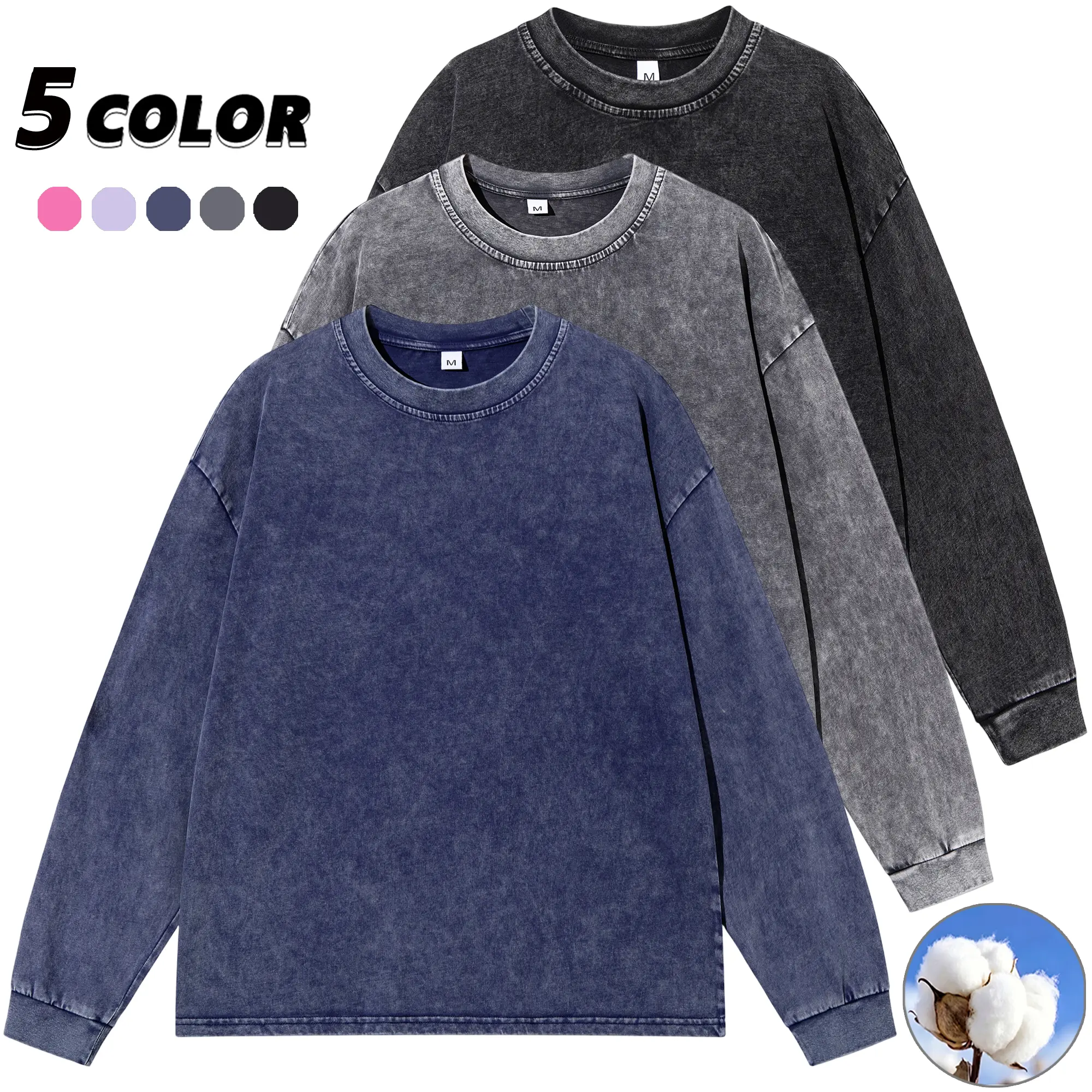 EKF men’s pure cotton washed distressed crew neck long-sleeve T-shirt—versatile vintage style for home and commuting, ideal for everyday wear in spring and autumn.