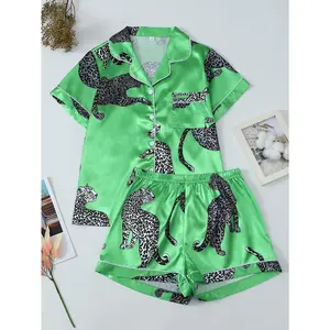 Exotic Green Leopard Themed Pajama Set, Women's Short Sleeve + Shorts Silky Loungewear, Intricate Animal Print with Contrast Piping, Comfy Summer Sleepwear