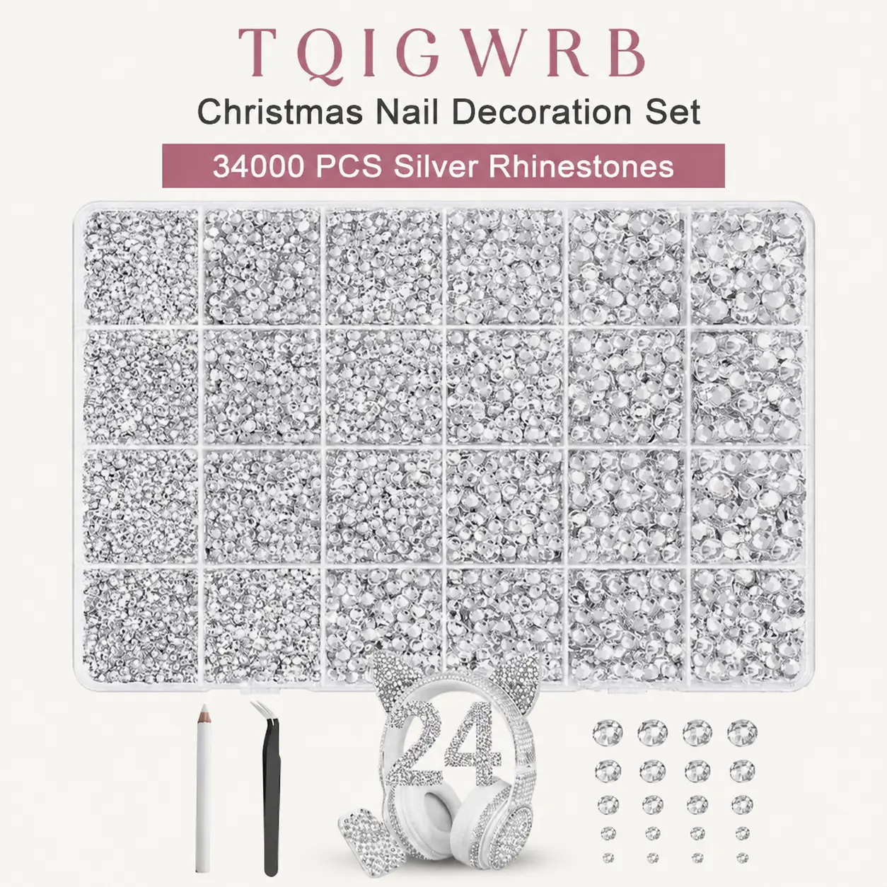TQIGWRB 34000Pcs 2mm x 5 Grid & 3mm 4x6 Grid Resin Rhinestones Bedazzler Kit - Silver Flatback Nail Diamond Gems, Nail Art Accessory with Tools for DIY Crafts, Clothing