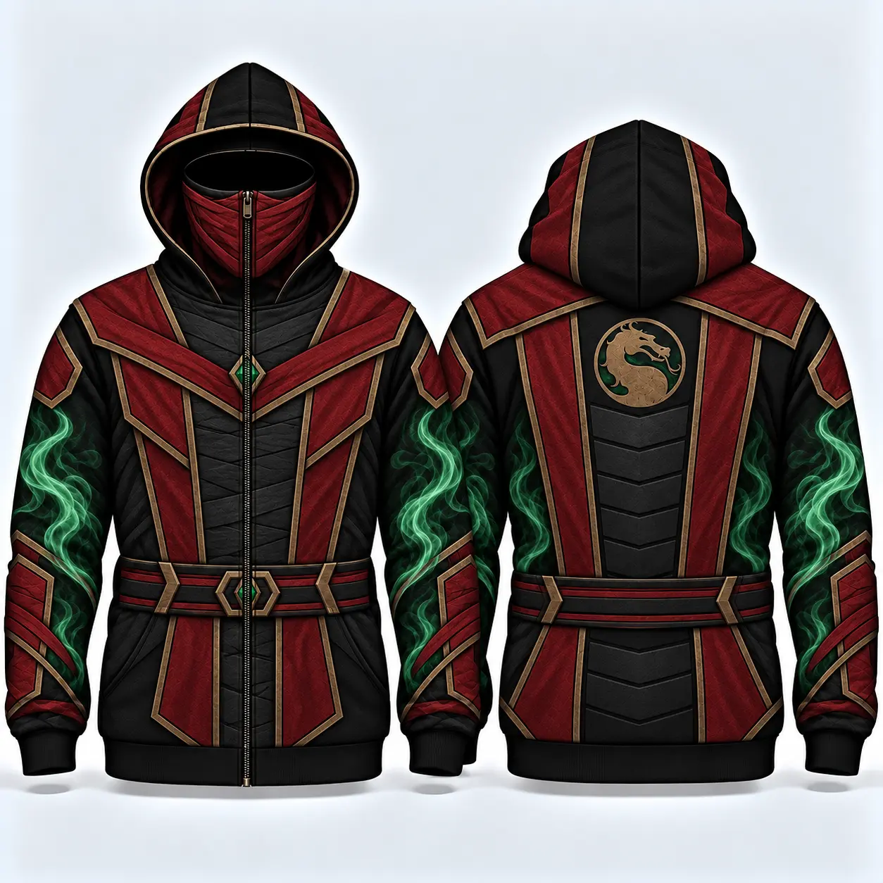 M0rt@l K0mb@t Ermac Inspired Full Zip Ninja Hoodie with Face Mask, Red Black Green All Over Print Hooded Jacket for Men