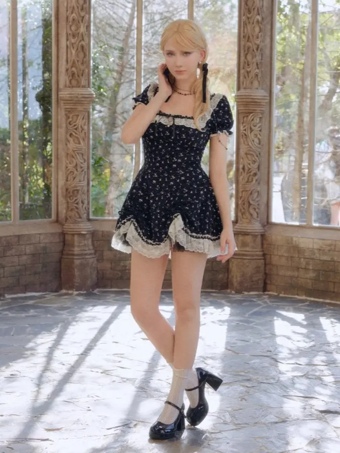 Slate Bloom Floral Dress – Fitted Romantic Party Dress Lace Feminine Elegant Dream Casual