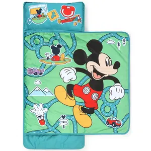 Jay Franco Kids Nap Mat with Embedded Pillow & Blanket  Mickey Mouse Soft 46"x20" Microfiber Sleeping Bag with Name Tag & Handle for School, Travel, Sleepover, Green